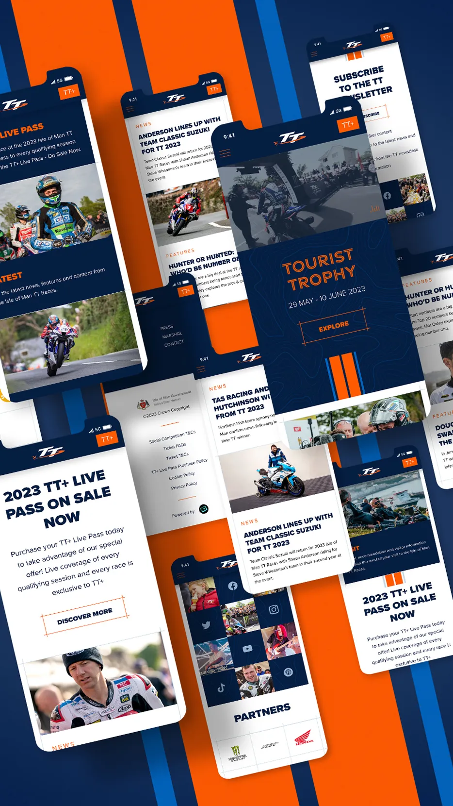 Multiple mobile screen layouts from the Isle of Man TT Races website iomttraces.com built by DotPerformance, showing the Tourist Trophy homepage, latest news, TT+ Live Pass page, news articles, and footer